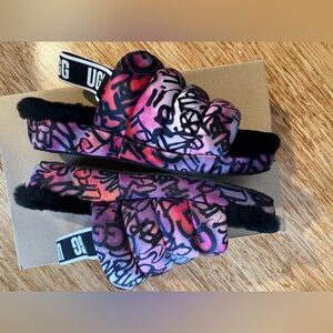 Pink purple black “ Puff Yeah Graffiti” platform Ugg slides w/ sling strap